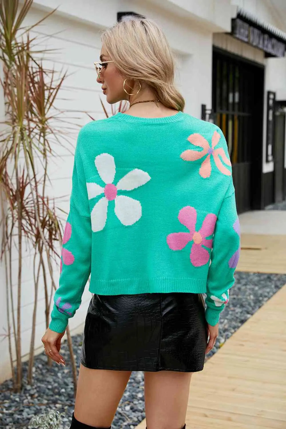 Flower Round Neck Drop Shoulder Sweater GlossiChic Collection