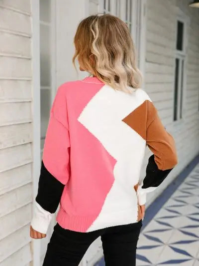 Color Block Round Neck Dropped Shoulder Sweater GlossiChic Collection