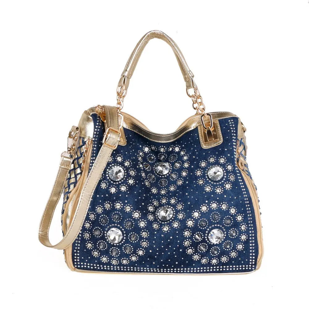 Glass Rhinestone Denim Shoulder Handbag GlossiChic Collection