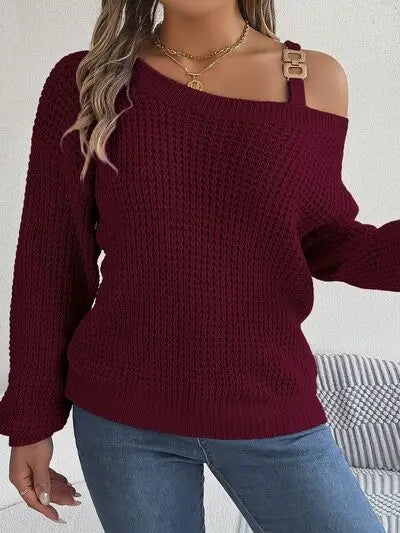 Asymmetrical Neck Long Sleeve Sweater - GlossiChic Collection Wine / S GlossiChic Collection apparel