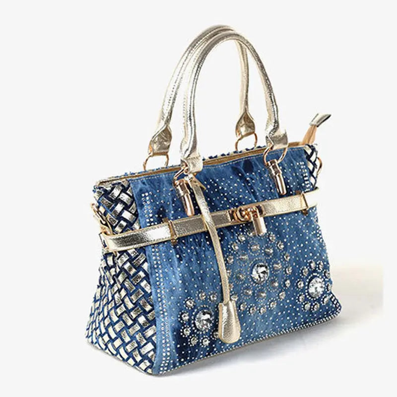 Glass Rhinestone Small Buckle Lock Denim Messenger Bag GlossiChic Collection