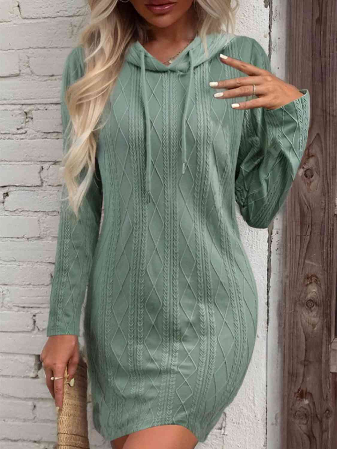 Drawstring Hooded Sweater Dress - GlossiChic Collection Gum Leaf / S GlossiChic Collection apparel