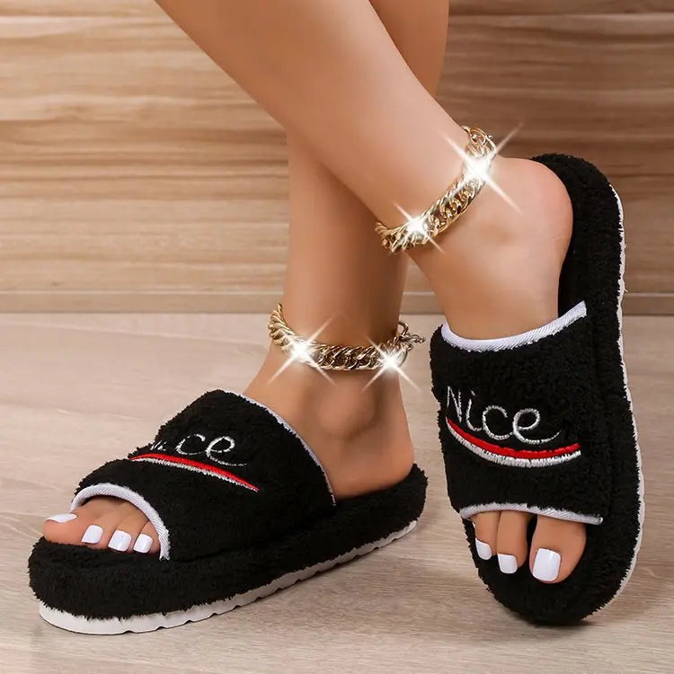 Furry Peep Toe House Slippers Shoes GlossiChic Collection