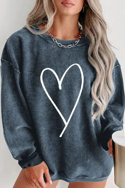 Plus Size Heart Ribbed Round Neck Sweatshirt GlossiChic Collection