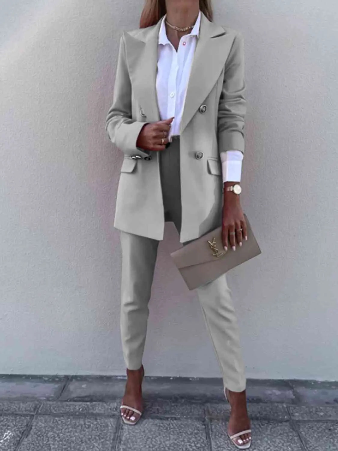 Lapel Collar Long Sleeve Blazer and Pants Set - GlossiChic Collection Charcoal / S GlossiChic Collection Outfit Sets