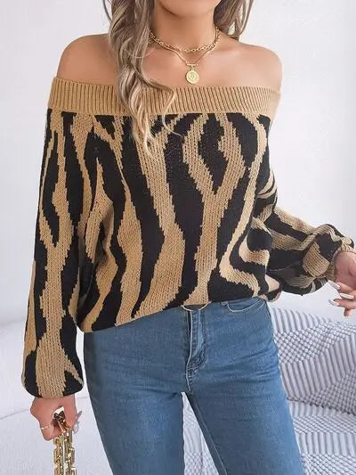 Off-Shoulder Animal Print Long Sleeve Sweater GlossiChic Collection