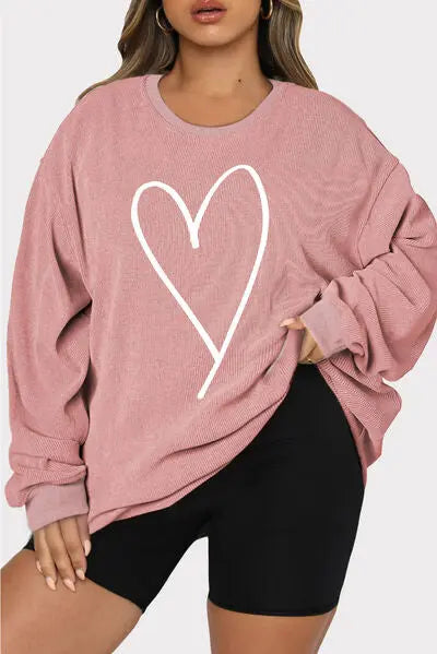 Plus Size Heart Ribbed Round Neck Sweatshirt - GlossiChic Collection Black / 1XL GlossiChic Collection apparel