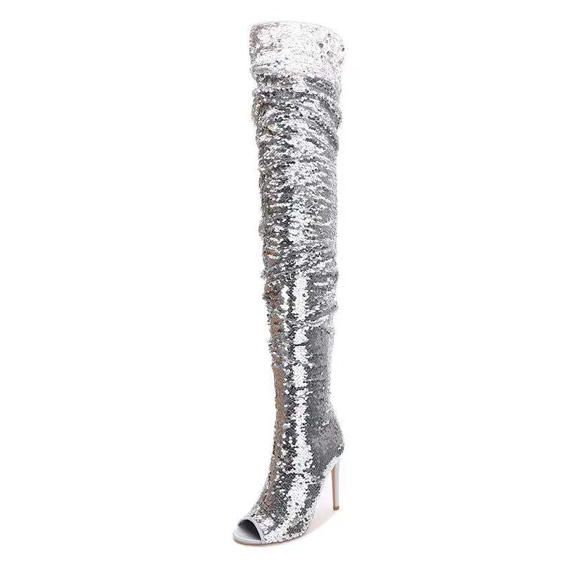 Sequin Fish Mouth Over The Knee High Heel Long Boots GlossiChic Collection