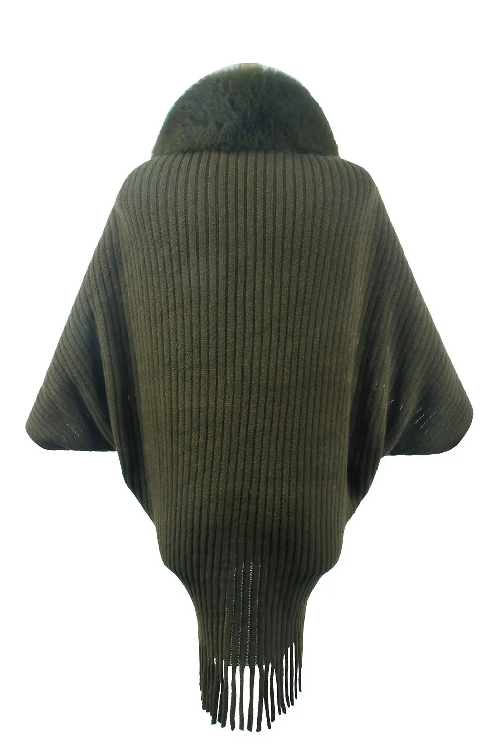 Fringe Detail Long Sleeve Ribbed Poncho - GlossiChic Collection Ivory / One Size GlossiChic Collection apparel