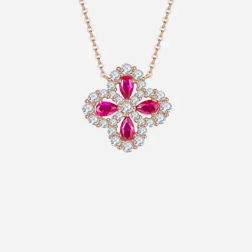 Lab-Grown Ruby 925 Sterling Silver Flower Shape Necklace GlossiChic Collection