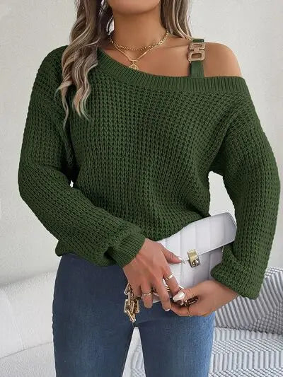 Asymmetrical Neck Long Sleeve Sweater - GlossiChic Collection Wine / S GlossiChic Collection apparel