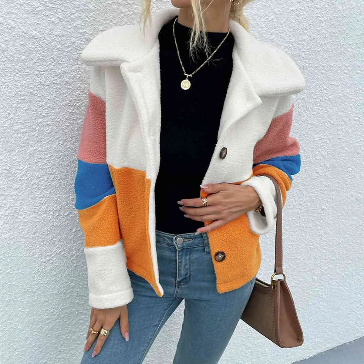 Color Block Button Down Collared Jacket GlossiChic Collection