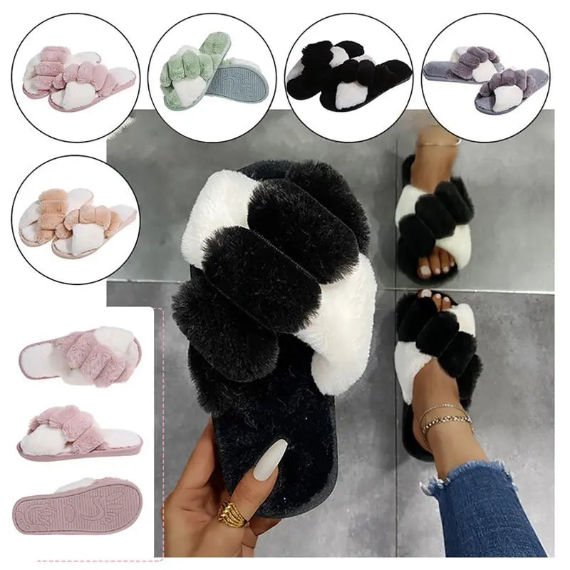 Furry Cross-Strap Slippers Flat Shoes GlossiChic Collection