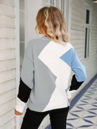 Color Block Round Neck Dropped Shoulder Sweater GlossiChic Collection