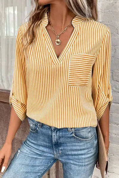 Striped Notched Roll-Tab Sleeve Shirt - GlossiChic Collection Red / S GlossiChic Collection Shirts & Tops