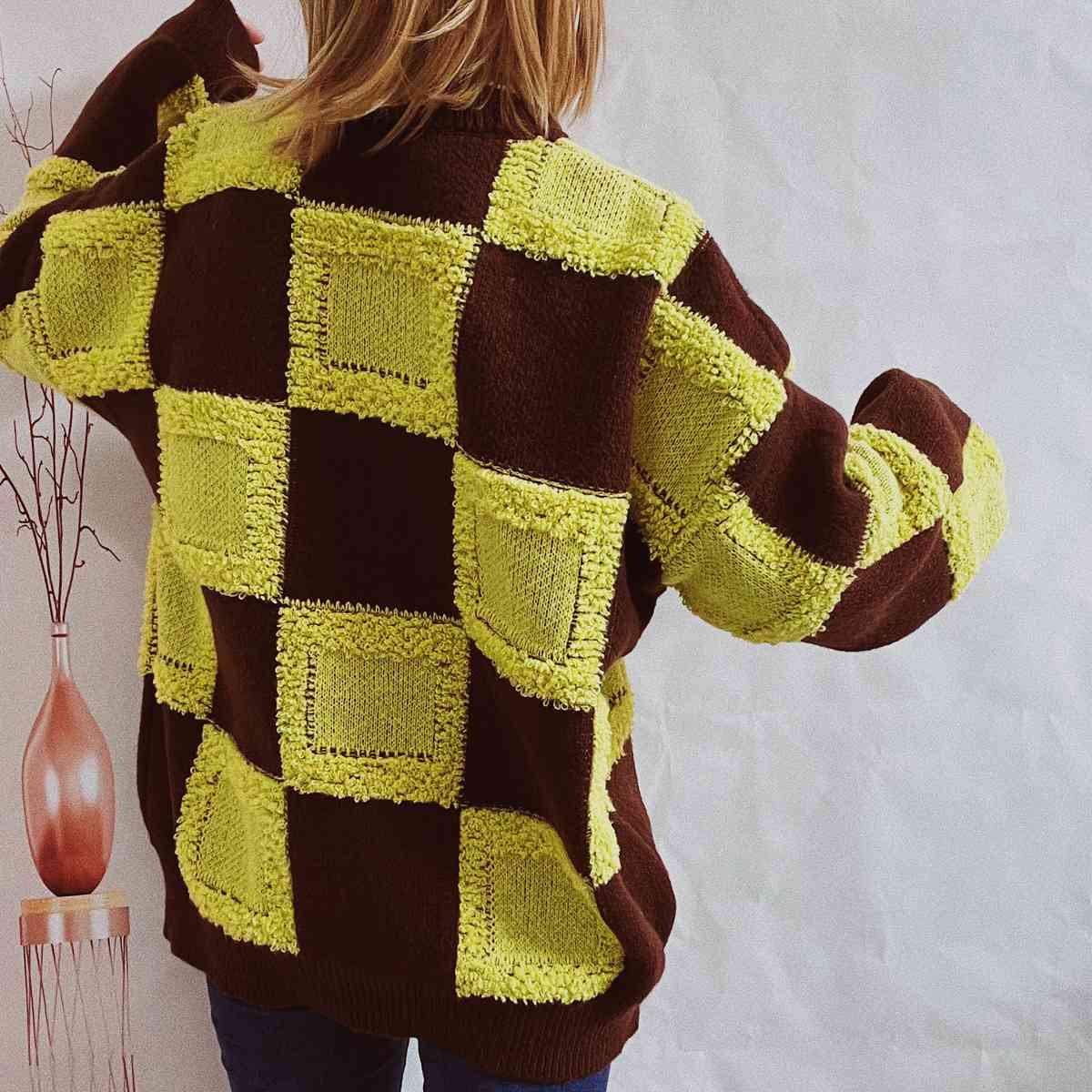 Checkered Round Neck Long Sleeve Sweater - GlossiChic Collection Black / S GlossiChic Collection apparel