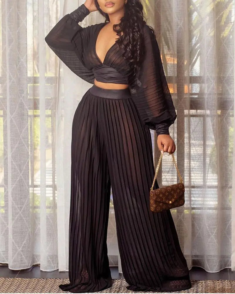 Pleated Wide-leg Pants Two-piece Suit GlossiChic Collection