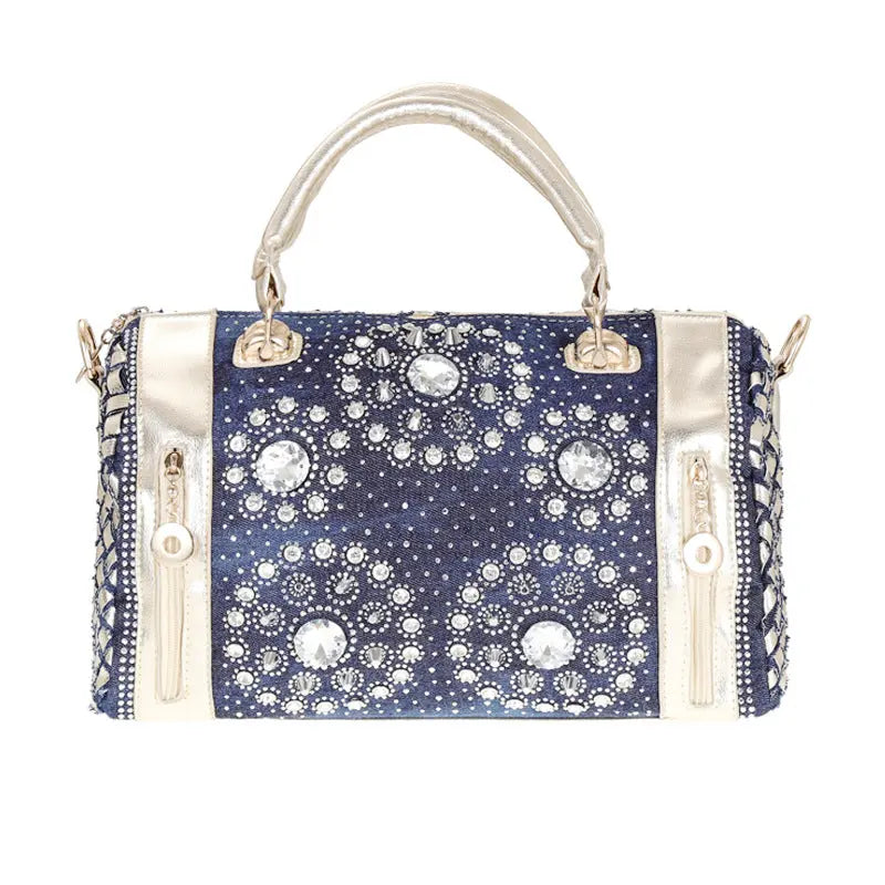 Rhinestone Round Denim Canvas  Bucket Handbag GlossiChic Collection