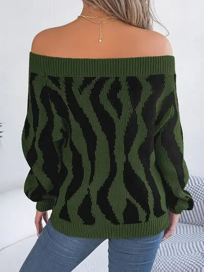 Off-Shoulder Animal Print Long Sleeve Sweater GlossiChic Collection