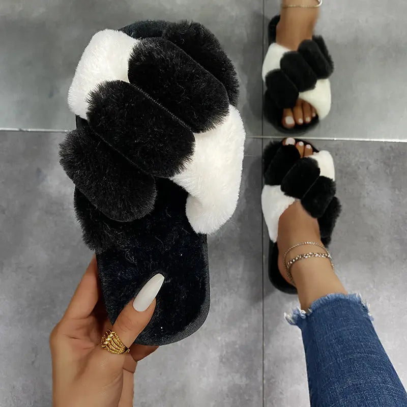 Furry Cross-Strap Slippers Flat Shoes GlossiChic Collection