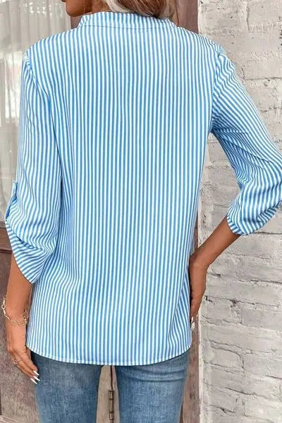 Striped Notched Roll-Tab Sleeve Shirt GlossiChic Collection