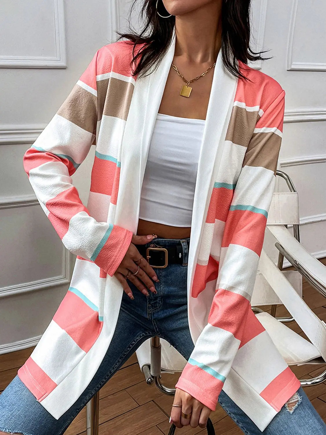 Striped Open Front Longline Cardigan GlossiChic Collection