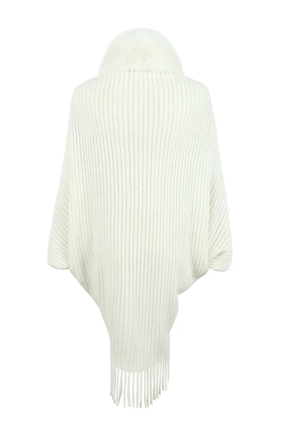 Fringe Detail Long Sleeve Ribbed Poncho - GlossiChic Collection Ivory / One Size GlossiChic Collection apparel
