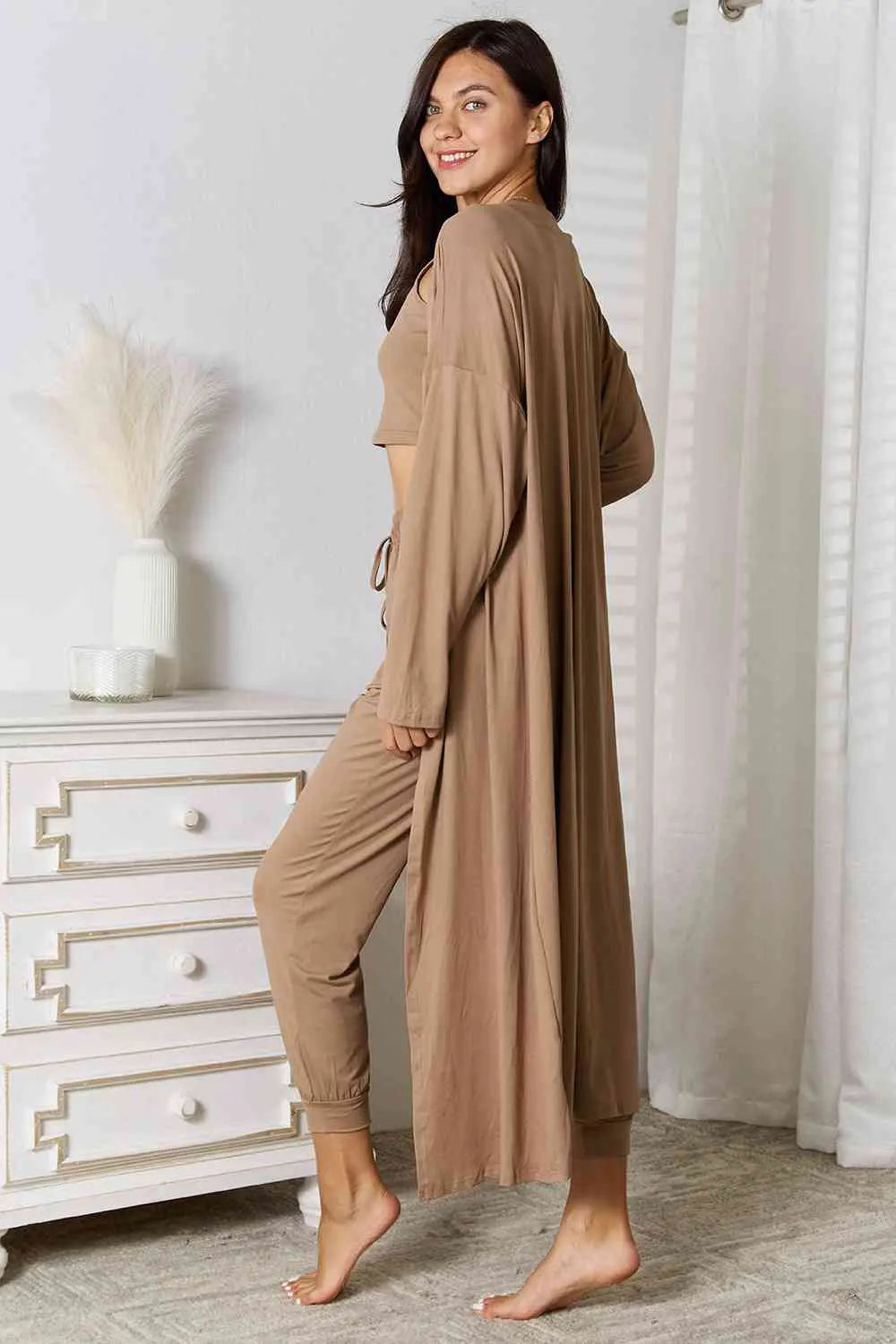 Tank, Pants, Cardigan Set - GlossiChic Collection Taupe / S GlossiChic Collection Outfit Sets