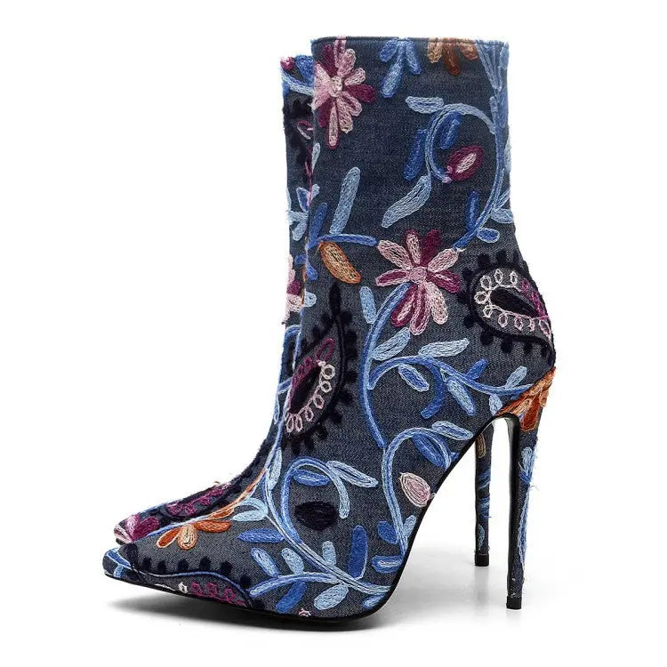 Gracefully Embroidered Denim Boots GlossiChic Collection