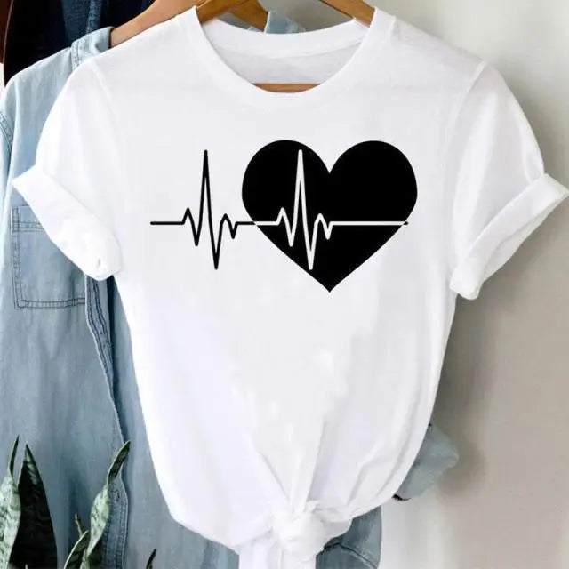 Hearts Print Short Sleeve T-Shirts GlossiChic Collection