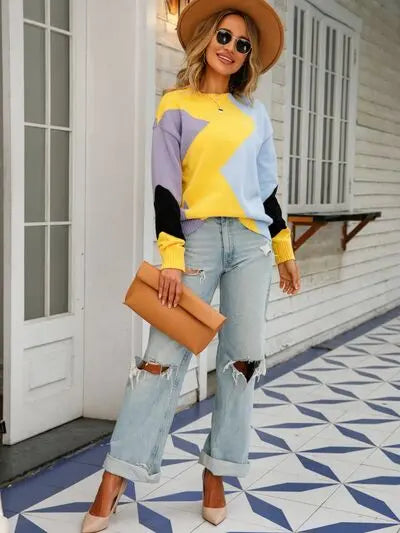 Color Block Round Neck Dropped Shoulder Sweater GlossiChic Collection