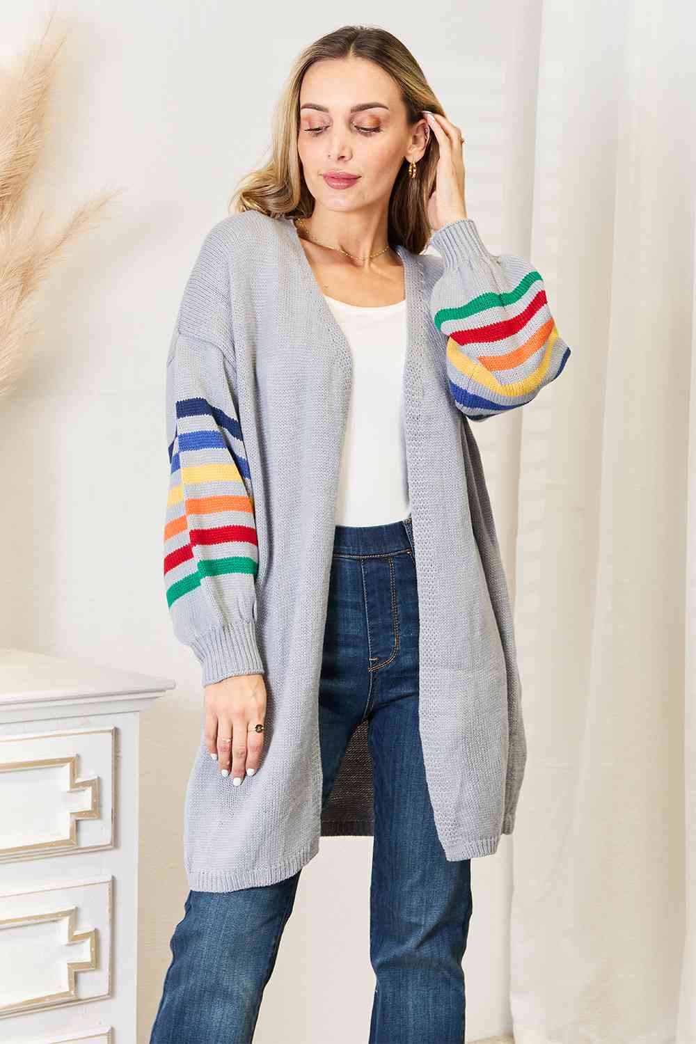 Multicolored Stripe Open Front Longline Cardigan - GlossiChic Collection Light Gray / S GlossiChic Collection apparel