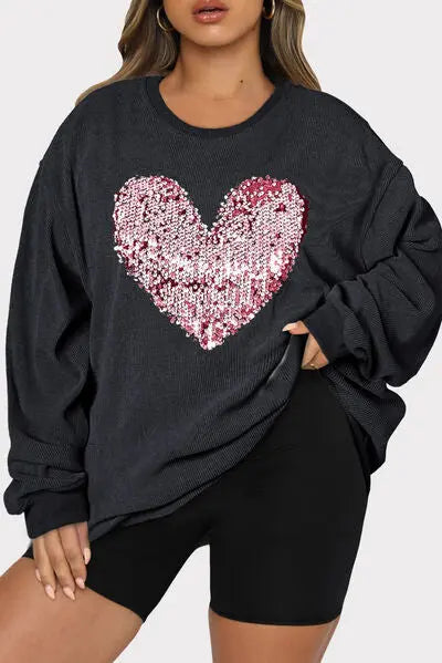 Plus Size Heart Sequin Round Neck Sweatshirt - GlossiChic Collection Black / 1XL GlossiChic Collection apparel