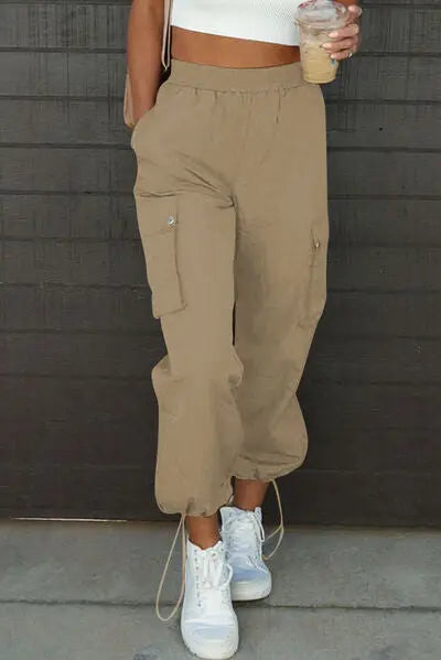 Drawstring Elastic Waist Pants with Pockets - GlossiChic Collection Sand / S GlossiChic Collection apparel