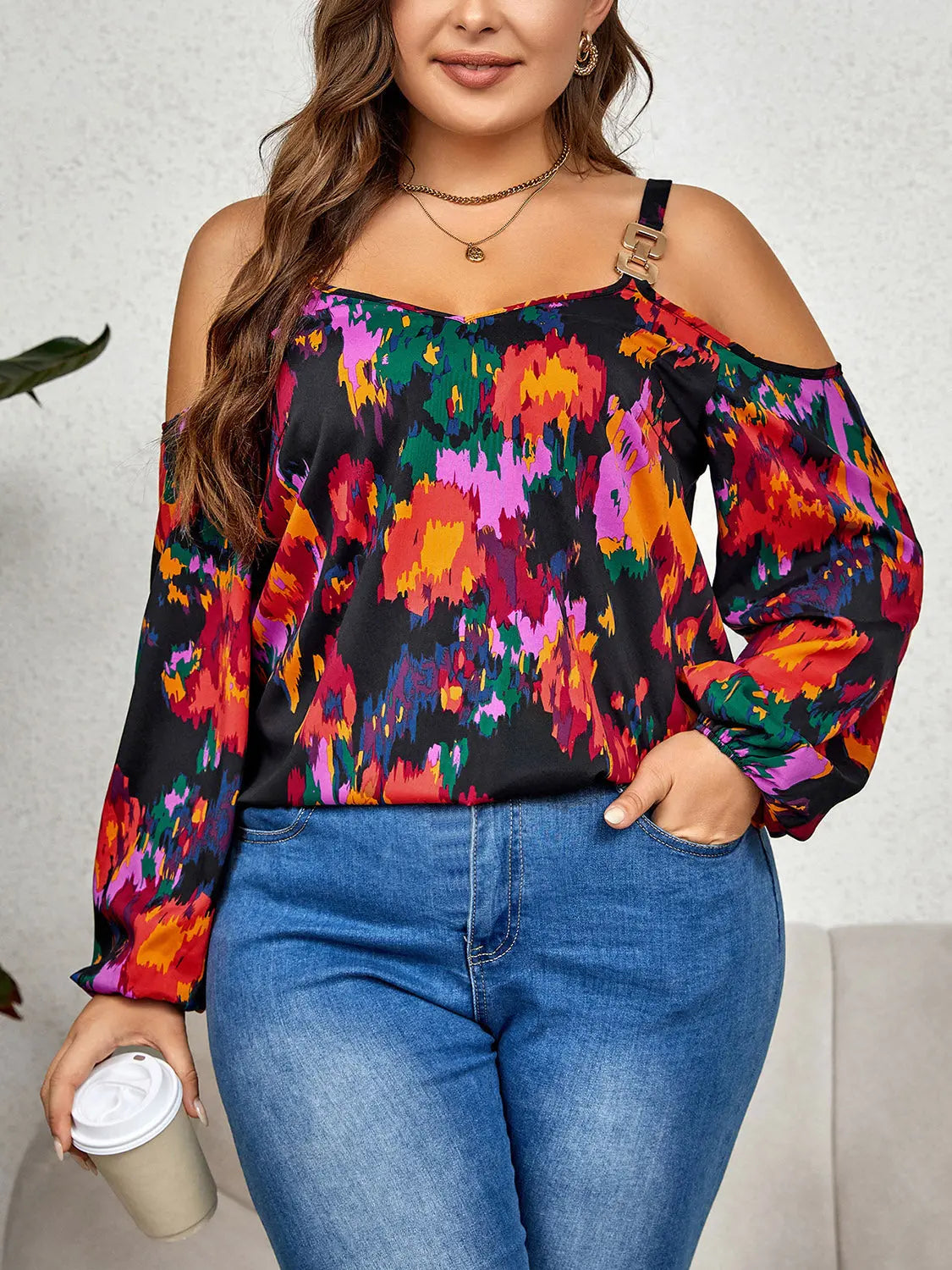 Plus Size Printed Cold Shoulder Long Sleeve Blouse GlossiChic Collection