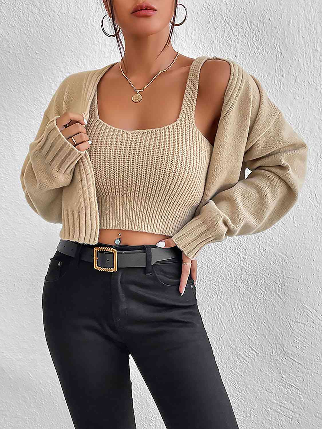 Plain Sweater Cami and Cardigan Set - GlossiChic Collection