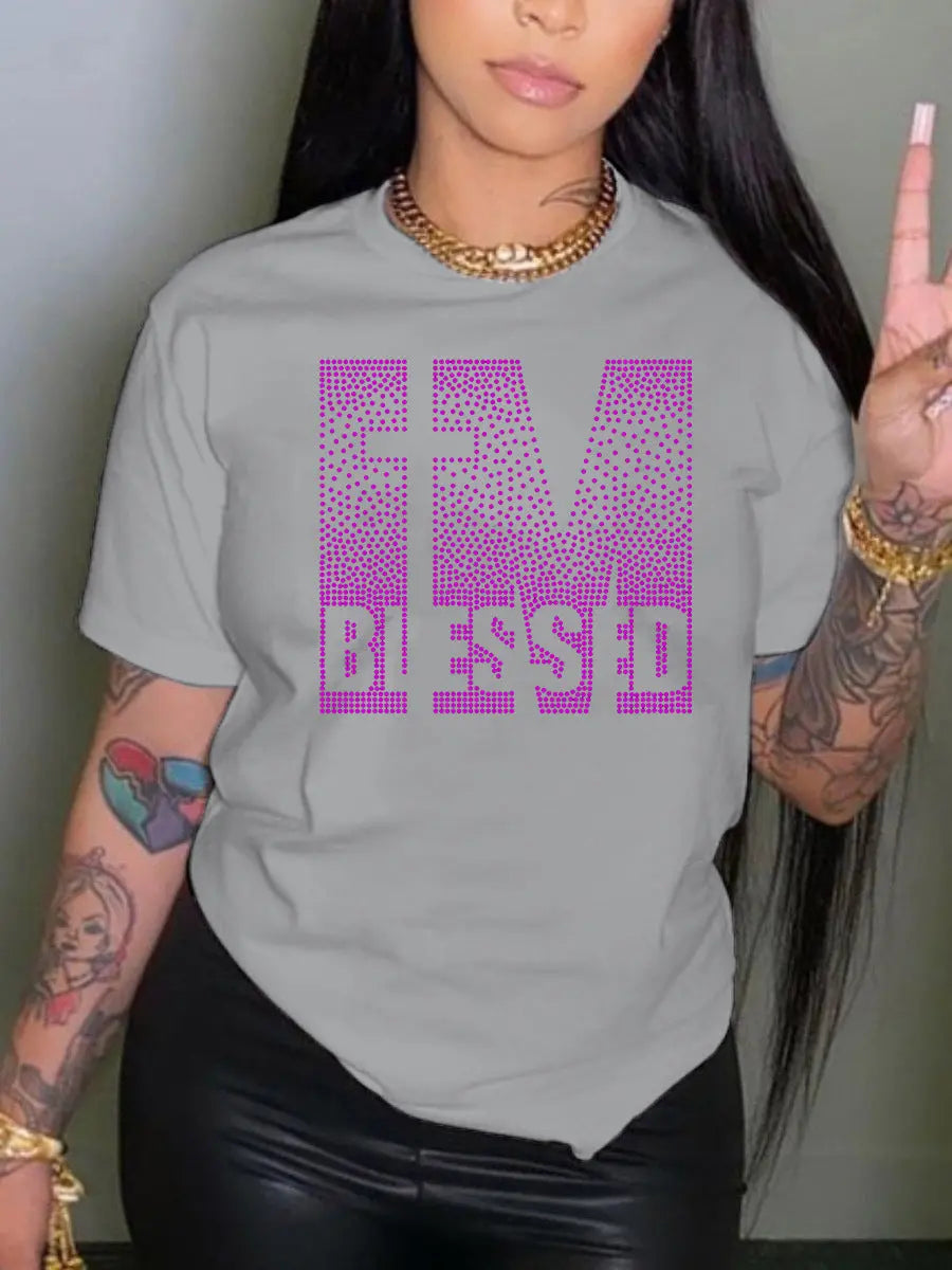 IM BLESSED Casual Round Neck Short-Sleeved T-Shirt GlossiChic Collection