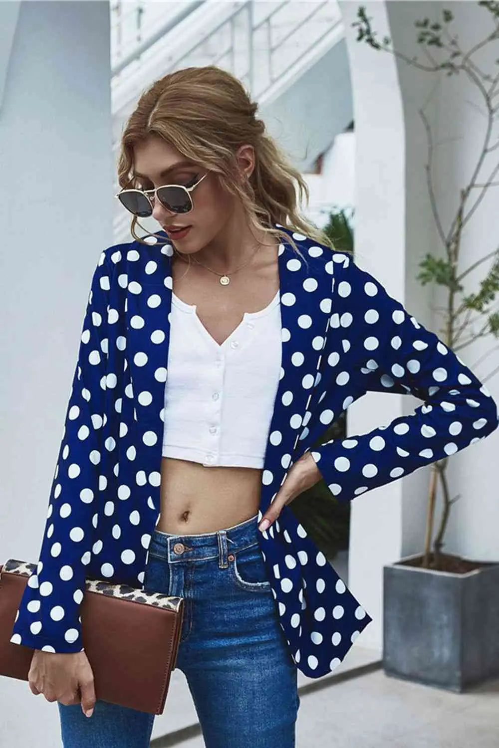 Polka Dot Long Sleeve Blazer - GlossiChic Collection Navy / S GlossiChic Collection Blazer & Cardigan