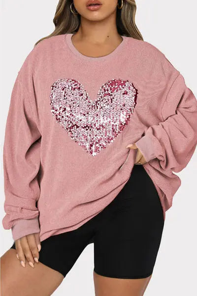 Plus Size Heart Sequin Round Neck Sweatshirt GlossiChic Collection