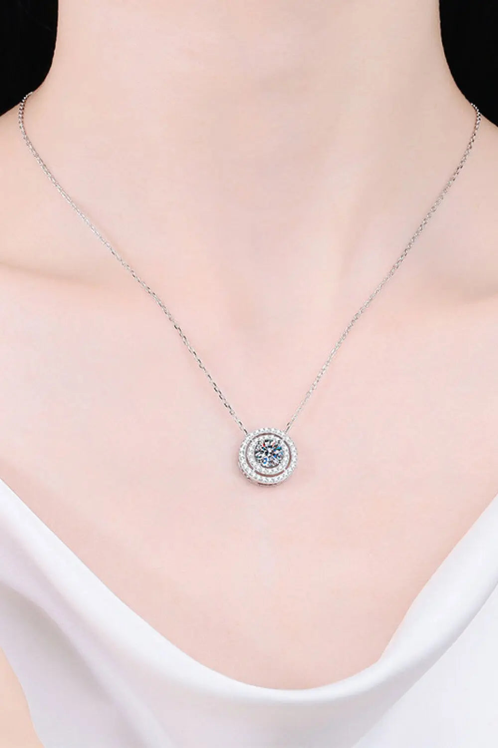 Moissanite Round Pendant Rhodium-Plated Necklace GlossiChic Collection