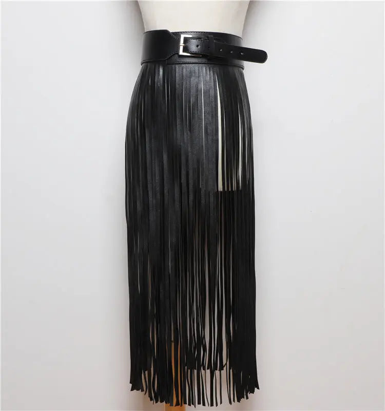 Black Tassels Wide Leather Belt - GlossiChic Collection