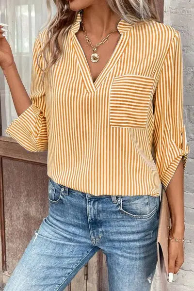 Striped Notched Roll-Tab Sleeve Shirt - GlossiChic Collection Mustard / S GlossiChic Collection Shirts & Tops