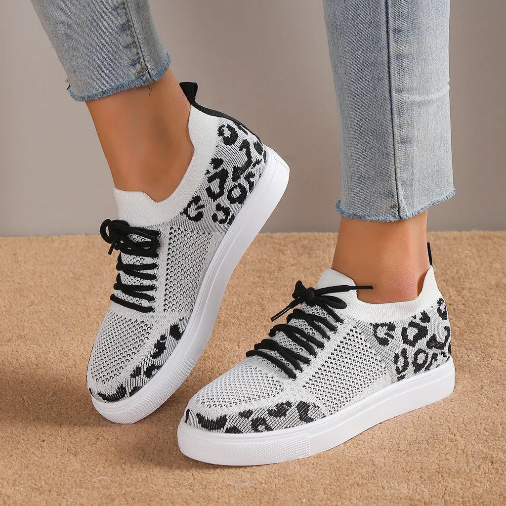 Lace-Up Leopard Flat Sneakers - GlossiChic Collection White / 36(US5) GlossiChic Collection Shoes & Accessories