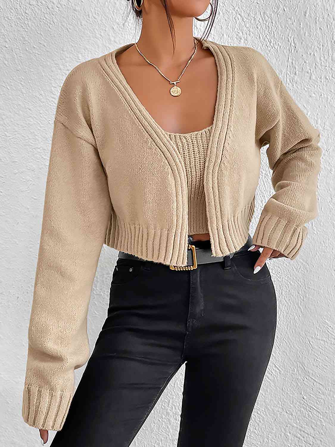 Plain Sweater Cami and Cardigan Set - GlossiChic Collection