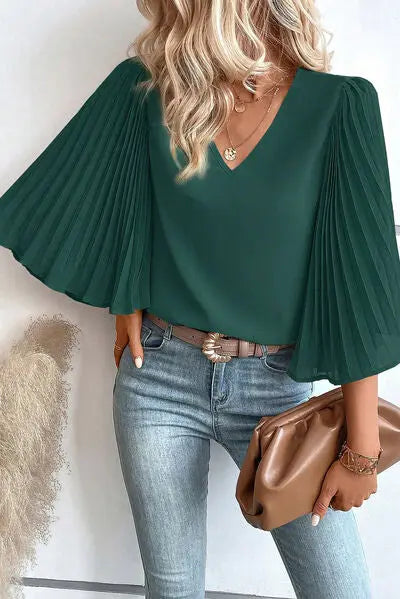 Pleated Flutter Sleeve V-Neck Blouse - GlossiChic Collection Black Forest / S GlossiChic Collection Shirts & Tops