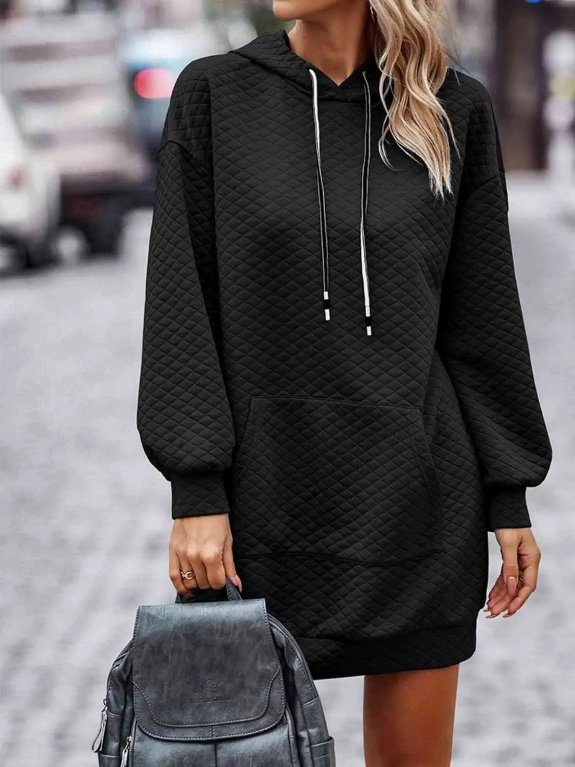 Textured Drawstring Tunic Hoodie GlossiChic Collection