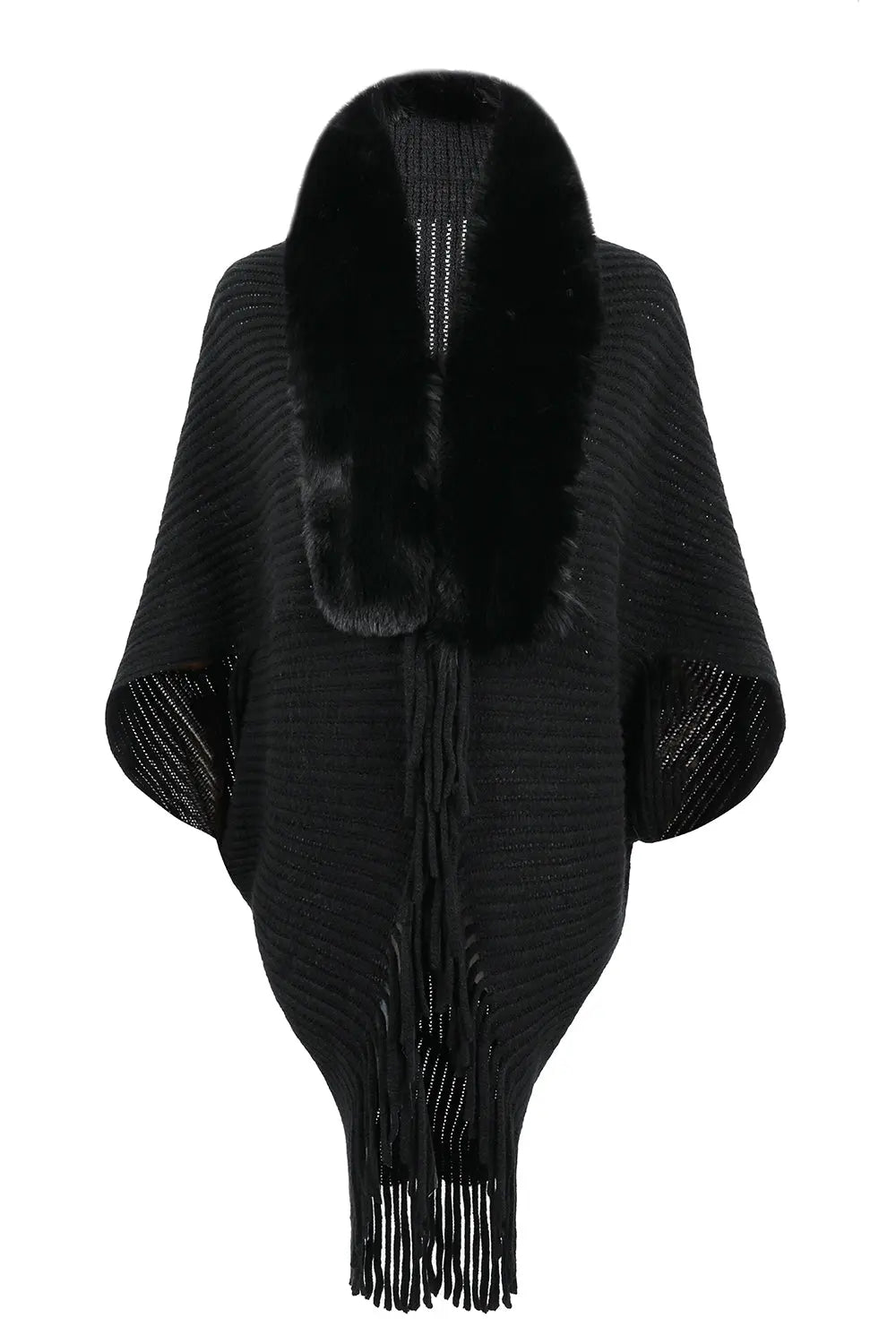 Fringe Detail Long Sleeve Ribbed Poncho - GlossiChic Collection Black / One Size GlossiChic Collection apparel