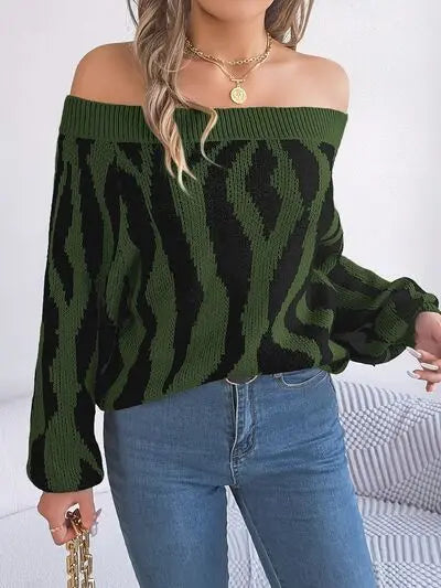 Off-Shoulder Animal Print Long Sleeve Sweater GlossiChic Collection