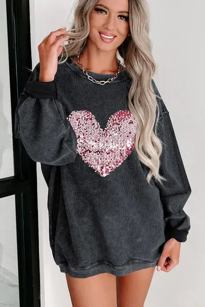 Heart Sequin Round Neck Sweatshirt - GlossiChic Collection Black / S GlossiChic Collection apparel