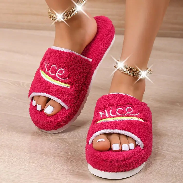 Furry Peep Toe House Slippers Shoes GlossiChic Collection